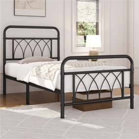Yaheetech Black 3ft Single Metal Bed Frame with Petal Accented Headboard and Footboard