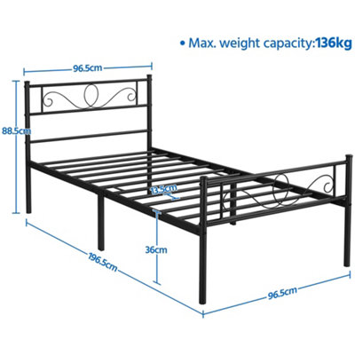 Yaheetech Black 3ft Single Metal Bed Frame with Scroll Design Headboard and Footboard
