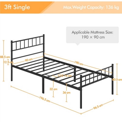 Yaheetech Black 3ft Single Metal Bed Frame with Slatted Headboard and Footboard