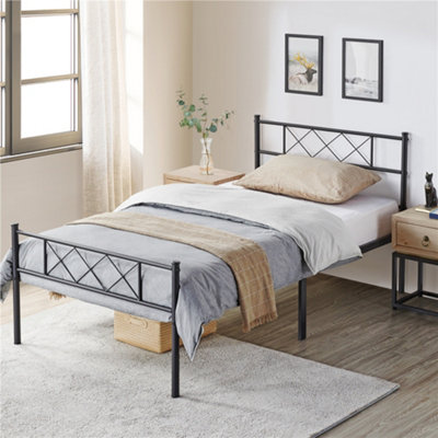 Yaheetech Black 3ft Single Simple Metal Bed Frame with Cross-design Headboard & Footboard