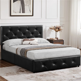Yaheetech Black 4ft6 Double Faux Leather Upholstered Bed Frame with Adjustable Headboard and 4 Drawers Storage