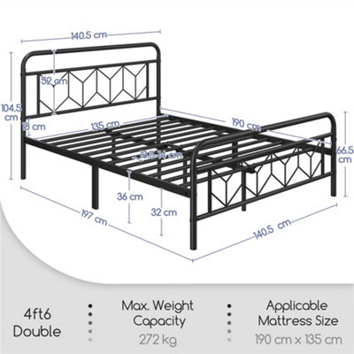 Yaheetech Black 4ft6 Double Metal Bed Frame with Diamond Pattern Headboard and Footboard