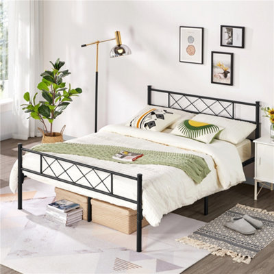 Yaheetech Black 4ft6 Double Simple Metal Bed Frame with Cross-design Headboard & Footboard