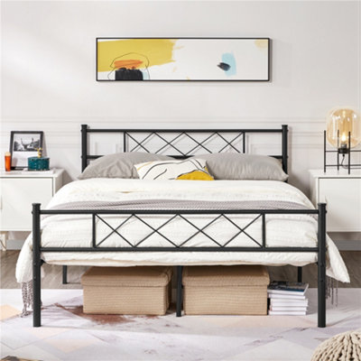 Yaheetech Black 4ft6 Double Simple Metal Bed Frame with Cross-design Headboard & Footboard
