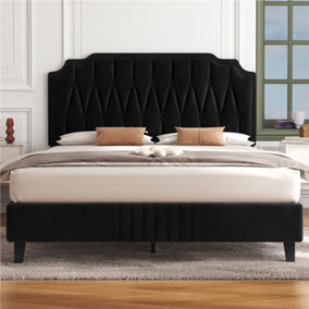 Yaheetech Black 4ft6 Double Upholstered Bed Frame with Button-Tufted Adjustable Headboard and Wooden Slat Support