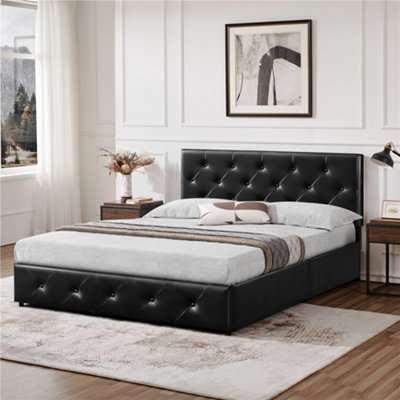 Yaheetech Black 5ft King Faux Leather Upholstered Bed Frame with Adjustable Headboard and 4 Drawers Storage