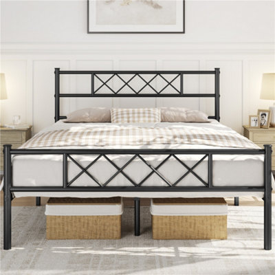 Yaheetech Black 5ft King Metal Bed Frame with Cross-design Headboard & Footboard