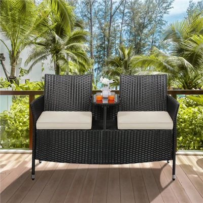 Yaheetech Black/Beige Outdoor Wicker Double Chair with Side Table
