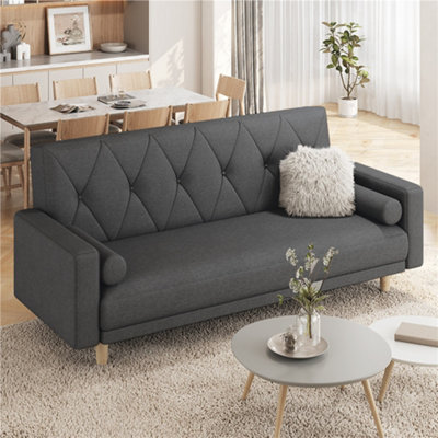 Yaheetech Black Button-tufted Fabric 3-Seater Convertible Sofa Bed with 2 Bolster Pillows