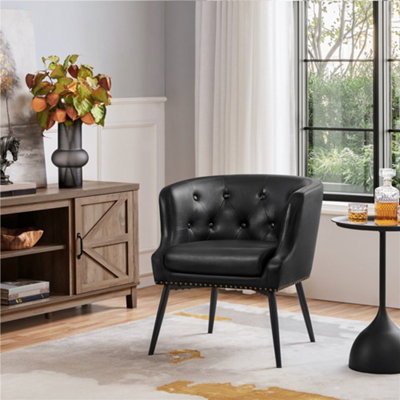 Yaheetech Black Button Tufted Faux Leather Armchair with Metal Legs