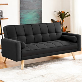 Yaheetech Black Fabric Upholstered 3 Seater Convertible Sofa Bed with Armrests and 2 Bolster Pillows