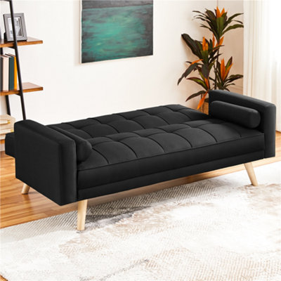 Yaheetech Black Fabric Upholstered 3 Seater Convertible Sofa Bed with Armrests and 2 Bolster Pillows