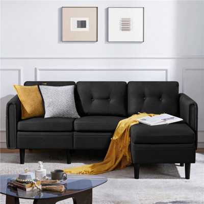 Yaheetech Black Fabric Upholstered 3-Seater Corner Sofa with Ottoman