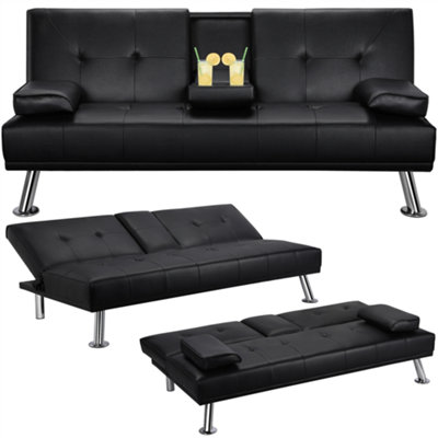 Yaheetech Black Faux Leather Convertible Sofa Bed with Drop-down Cup Holders and Pillows