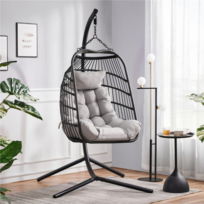 Yaheetech Black Foldable PE Rattan Hanging Chair with Cushion