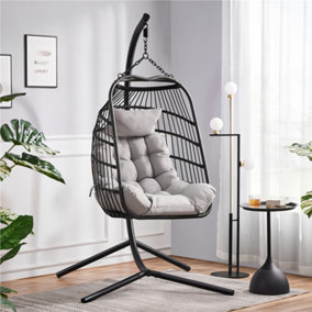 Yaheetech Black Foldable PE Rattan Hanging Chair with Cushion & Pillow & Rain Cover for Garden