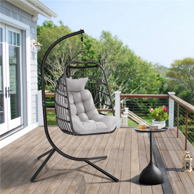 Yaheetech Black Foldable PE Rattan Hanging Chair with Cushion & Pillow & Rain Cover for Garden - 3