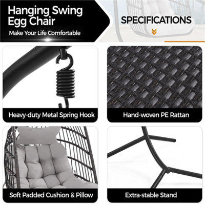Yaheetech Black Foldable PE Rattan Hanging Chair with Cushion & Pillow & Rain Cover for Garden - 5