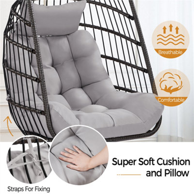 Yaheetech Black Foldable PE Rattan Hanging Chair with Cushion & Pillow & Rain Cover for Garden - 6