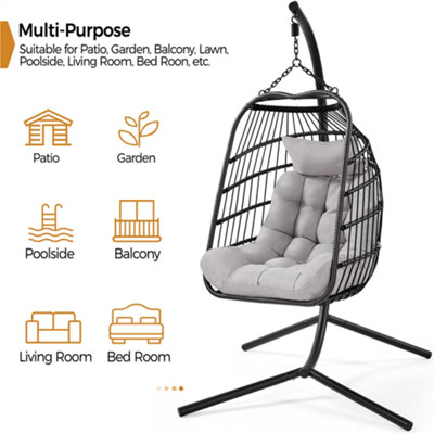 Yaheetech Black Foldable PE Rattan Hanging Chair with Cushion & Pillow & Rain Cover for Garden - 8