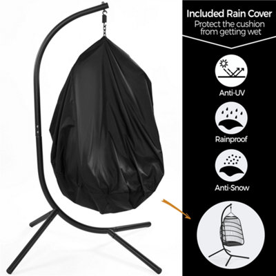 Yaheetech Black Foldable PE Rattan Hanging Chair with Cushion & Pillow & Rain Cover for Garden - 9