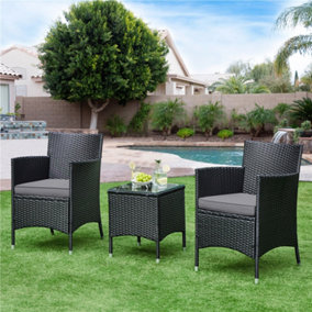 Yaheetech Black/Grey 3-Piece Wicker Furniture Set Chairs and Table