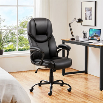 Yaheetech Black Height-adjustable High-back Faux Leather Office Chair with Lumbar Support and Swivel Seat