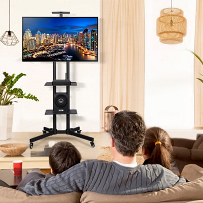 Yaheetech Black Height Adjustable Mobile TV Stand with Lockable Wheels and Storage Shelves