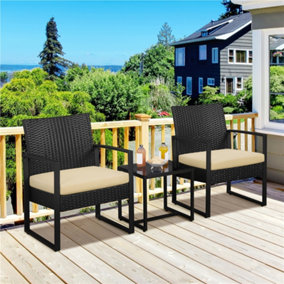 Yaheetech Black/Khaki 3-Piece Patio Set Rattan Chairs and Table