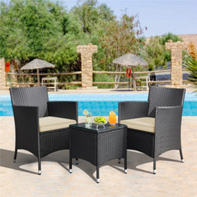 Yaheetech Black/Khaki 3-Piece Wicker Furniture Set Chairs and Table