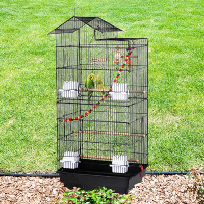 Image showcasing Yaheetech Black Large Roof Top Metal Bird Cage w/ Swing and Ladder