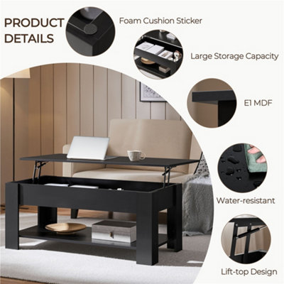 Yaheetech Black Lift Top Coffee Table with Hidden Compartment & Open Shelf
