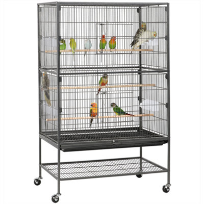 Yaheetech Black Metal Rolling Bird Cage with 3 Perches & 4 Feeders & Storage Shelf