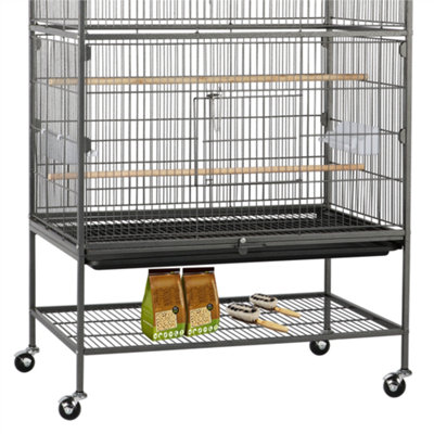 Yaheetech Black Metal Rolling Bird Cage with 3 Perches & 4 Feeders & Storage Shelf