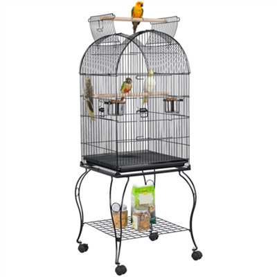 View of Yaheetech Black Open Top Metal Bird Cage Rolling Parrot Cage w/ Stand