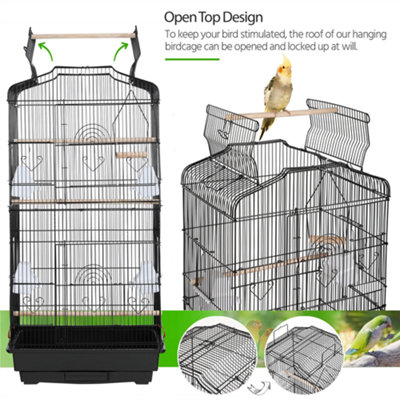 Yaheetech Black Open Top Metal Birdcage Parrot Cage with Slide-out Tray and Four Feeders