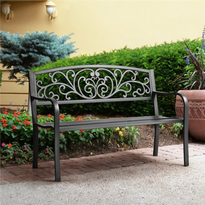 Yaheetech Black Outdoor Iron Bench for Patio