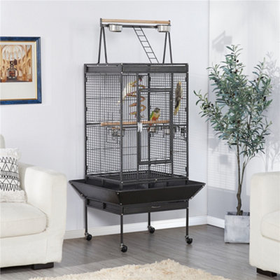 Yaheetech Black Play Top Metal Rolling Bird Cage w/ Industrial Wheels