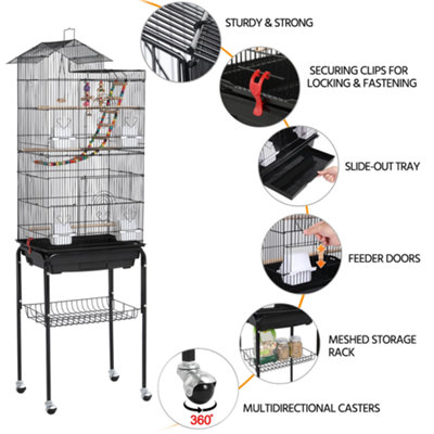 Yaheetech Black Rolling Metal Bird Cage with Detachable Stand - 7