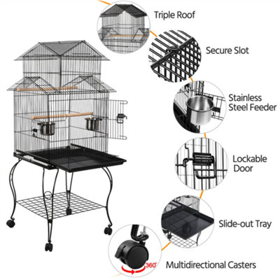 Yaheetech Black Triple Roof Rolling Bird Cage Metal Parrot Cage with Detachable Stand - 5