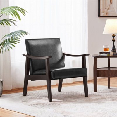 Yaheetech Black Upholstered Faux Leather Armchair with Wood Legs