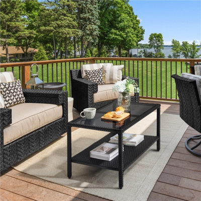 Yaheetech Black Wicker Coffee Table with Tempered Glass Top