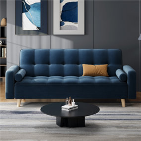 Yaheetech Blue Velvet 3 Seater Convertible Sofa Bed with Armrests and 2 Bolster Pillows