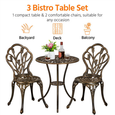 Yaheetech Bronze 3 Piece Patio Bistro Table Set with Umbrella Hole Floral Design - 7