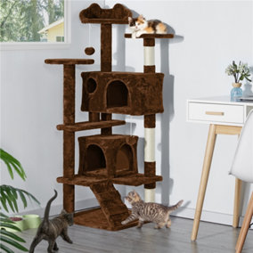 Yaheetech Brown 137cm Multilevel Cat Tree Tower with Scratching Posts and 2 Condos