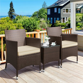 Yaheetech Brown/Khaki 3-Piece Wicker Furniture Set Chairs and Table