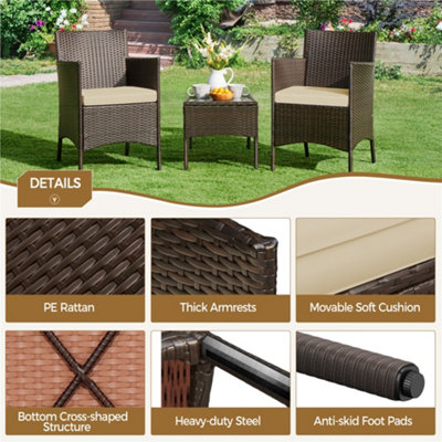 Yaheetech Brown/Khaki 3-Piece Wicker Furniture Set Chairs and Table - 4