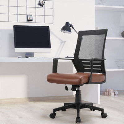 Yaheetech Brown Mid-back Padded Seat Leather Mesh Office Chair | DIY at B&Q