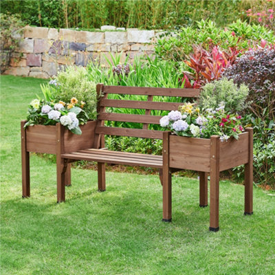 Yaheetech Brown Wood Garden Bench with Double Planter Boxes and Backrest