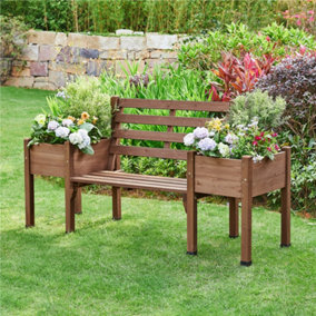 Yaheetech Brown Wood Garden Bench with Double Planter Boxes and Backrest